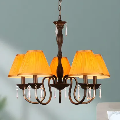 Bronze Crystal Linear Chandelier with Fabric Shades Image - 3
