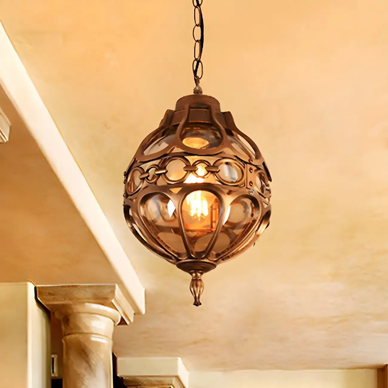 Rustic Bronze Metal Globe Outdoor LED Hanging Light