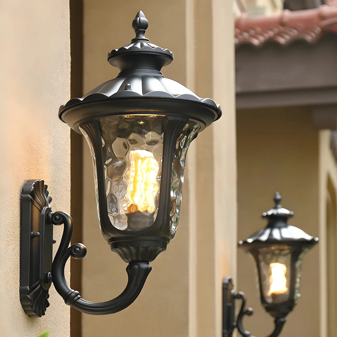 Antique Black Metal Glass Outdoor Wall Lantern Sconce Image - 2 | homeyfad