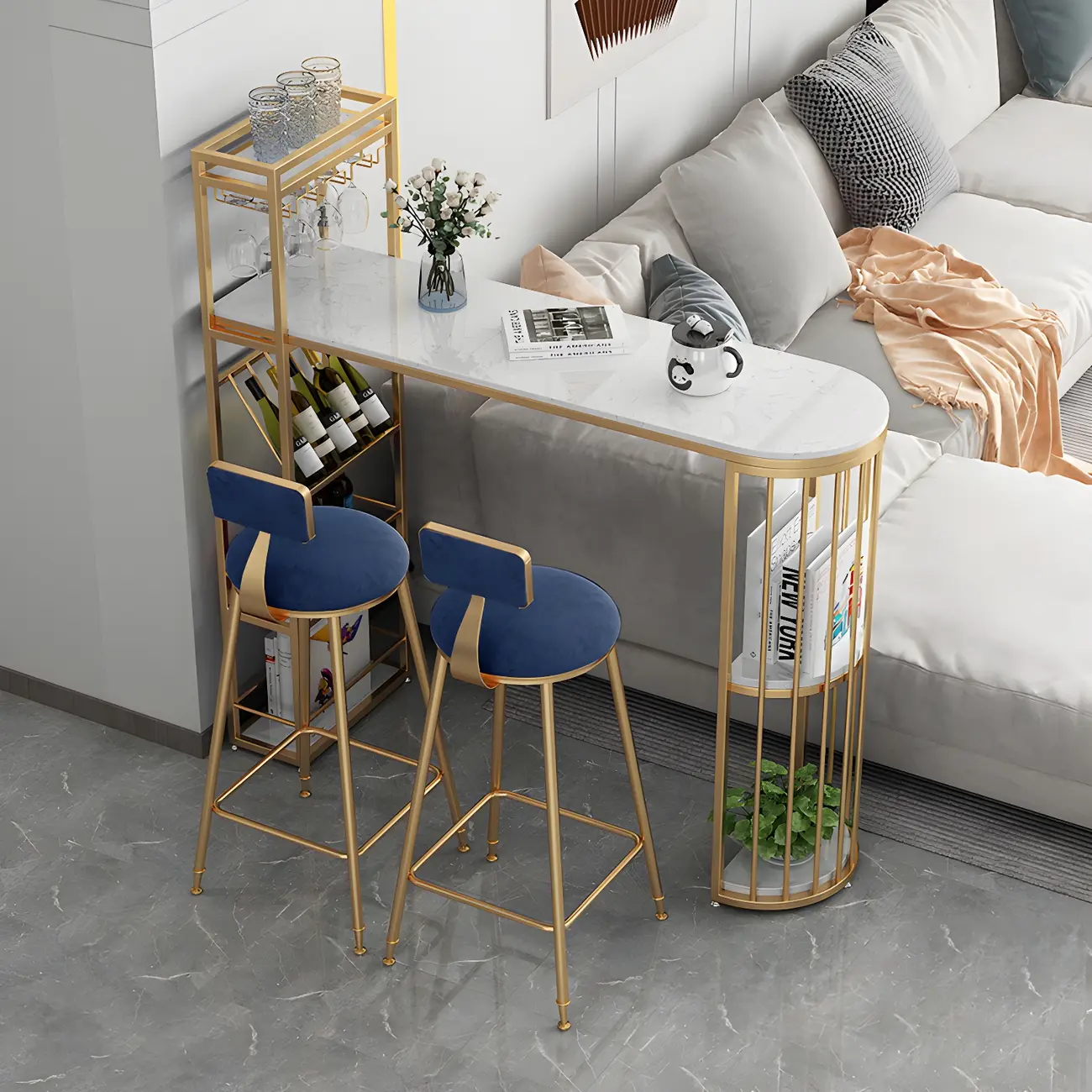 Glam Gold Faux Marble Iron Wine Holder Bar Tables Image - 2 | homeyfad