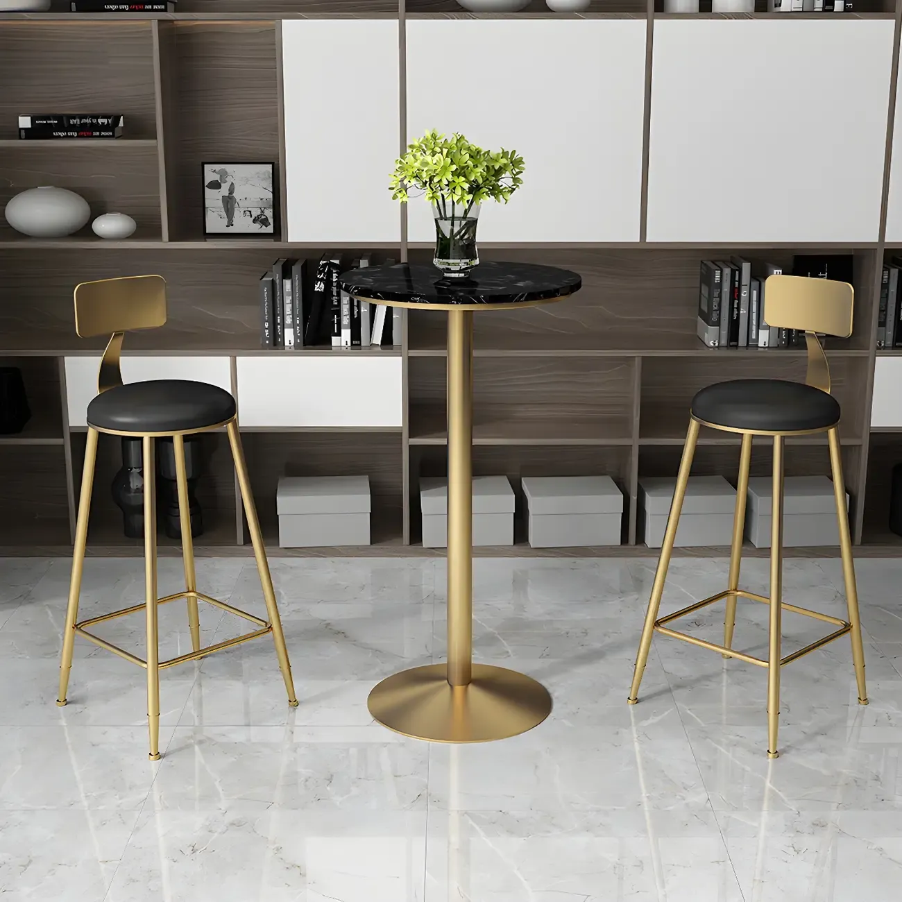 Elegant Nordic Marble Bar Table with Gold Metal Base Image - 1