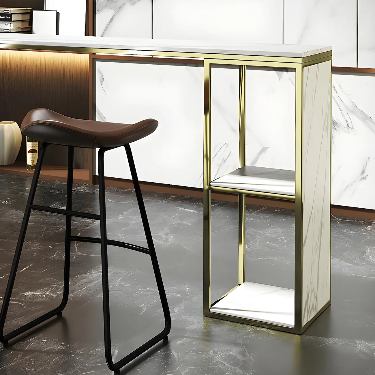 Modern White Faux Marble Iron Sled 2-Shelf Bar Tables Image - 8 | homeyfad