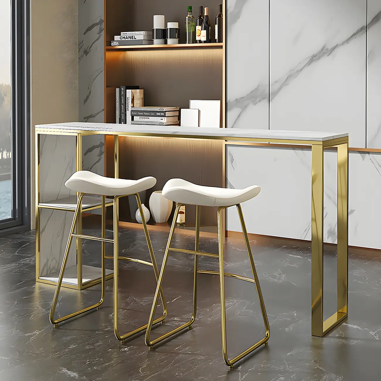 Modern White Faux Marble Iron Sled 2-Shelf Bar Tables Image - 9 | homeyfad