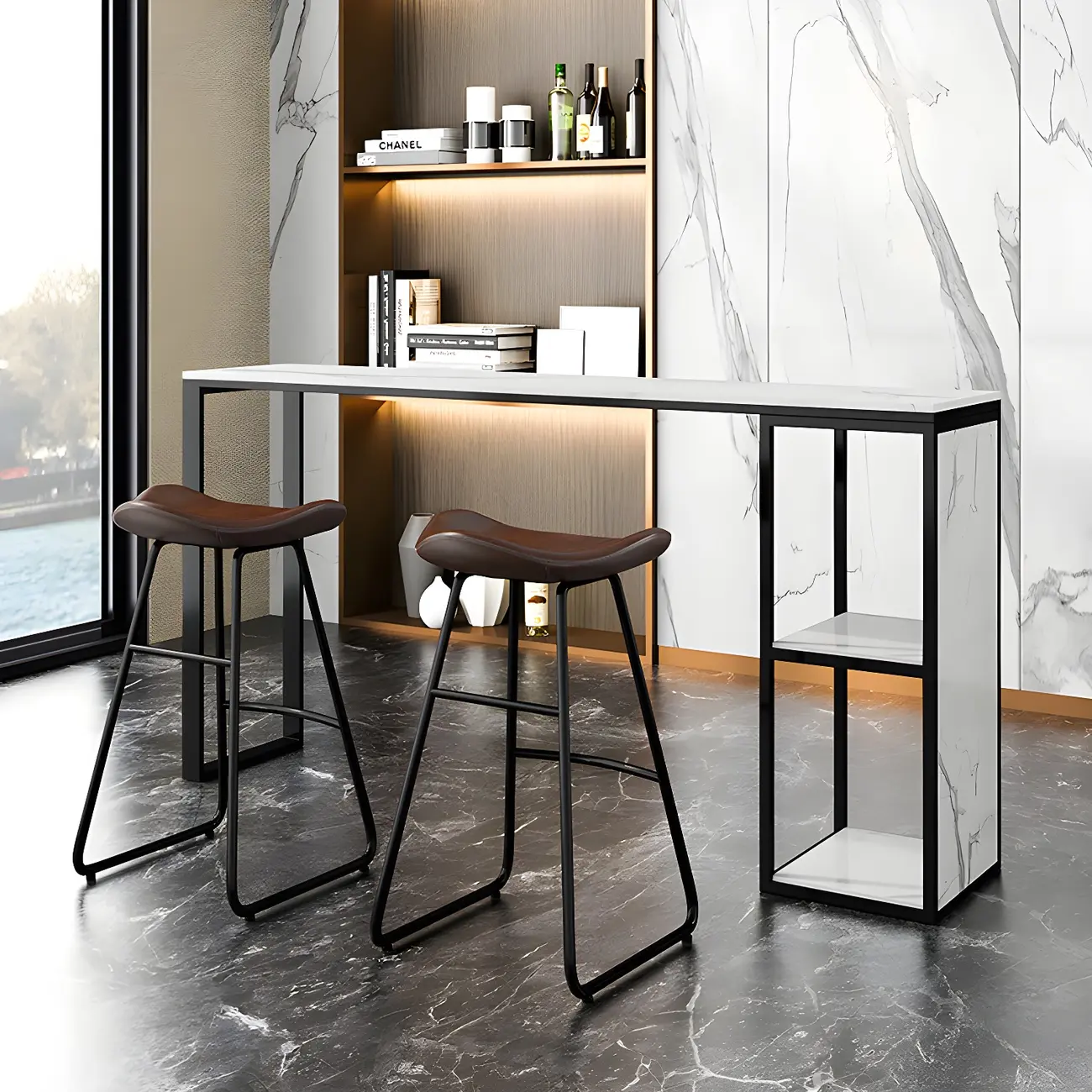 Modern White Faux Marble Iron Sled 2-Shelf Bar Tables Image - 11 | homeyfad