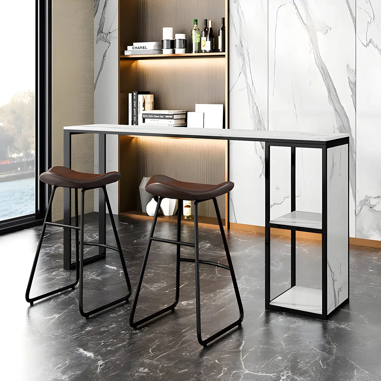 Modern White Faux Marble Iron Sled 2-Shelf Bar Tables Image - 12 | homeyfad