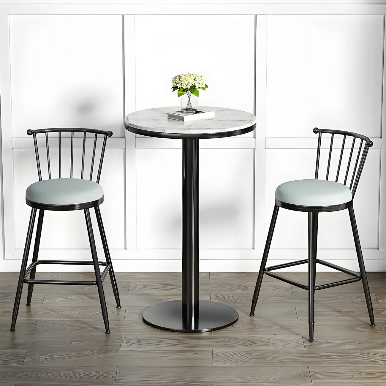 Stylish Round Bar Table with Black Metal Base for Indoor Use Image - 4