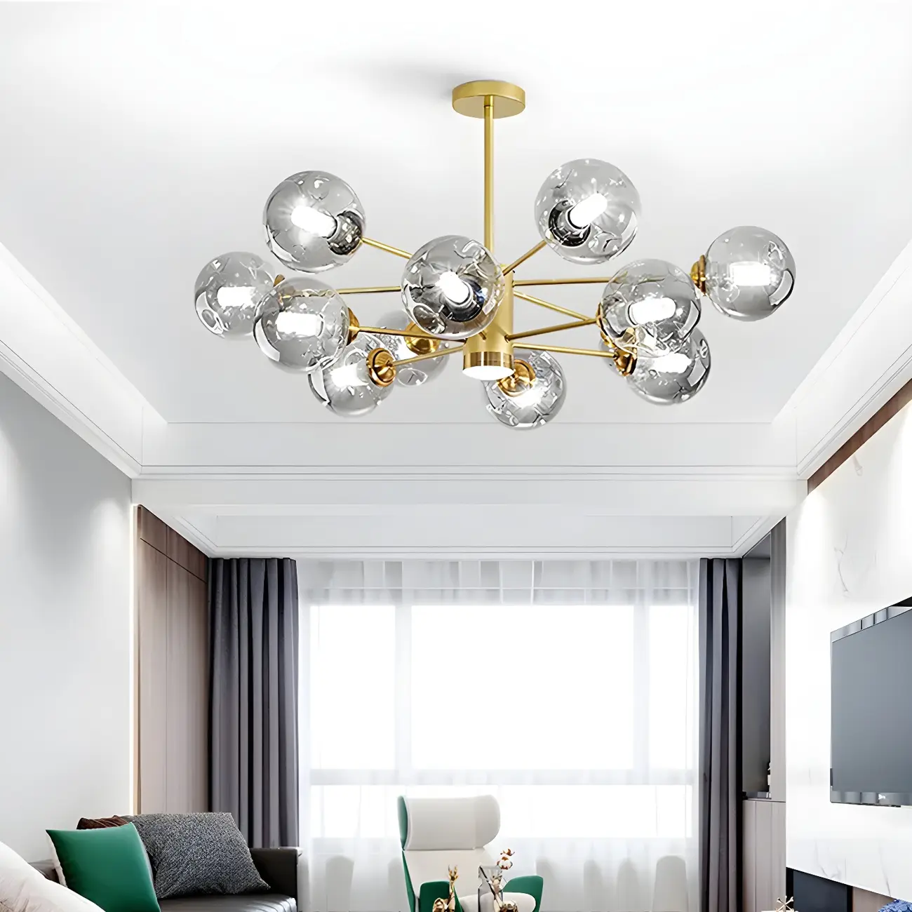 Modern Gray Glass Sphere Sputnik Chandelier Dimmable LED Image - 1 | homeyfad
