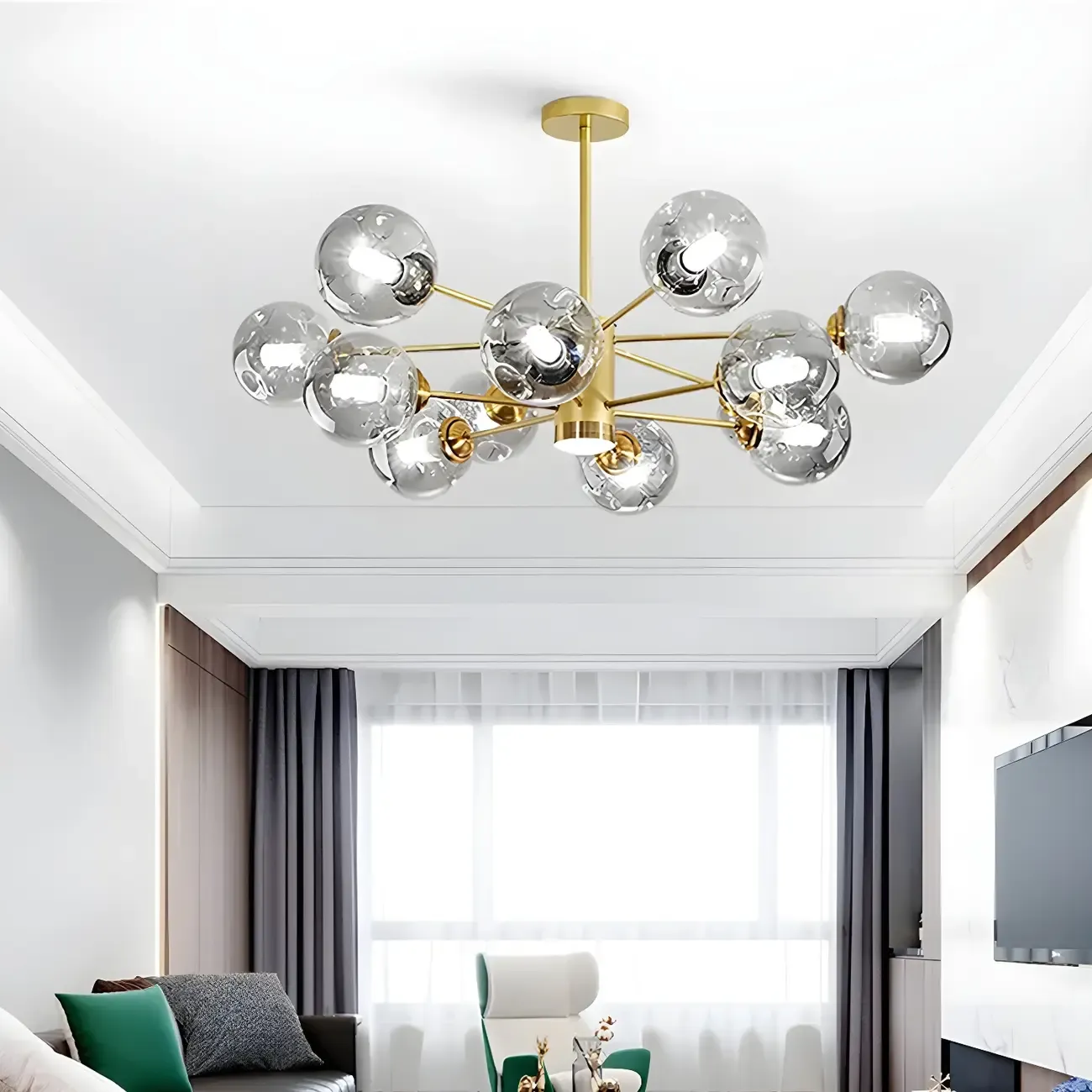Modern Gray Glass Sphere Sputnik Chandelier Dimmable LED Image - 1