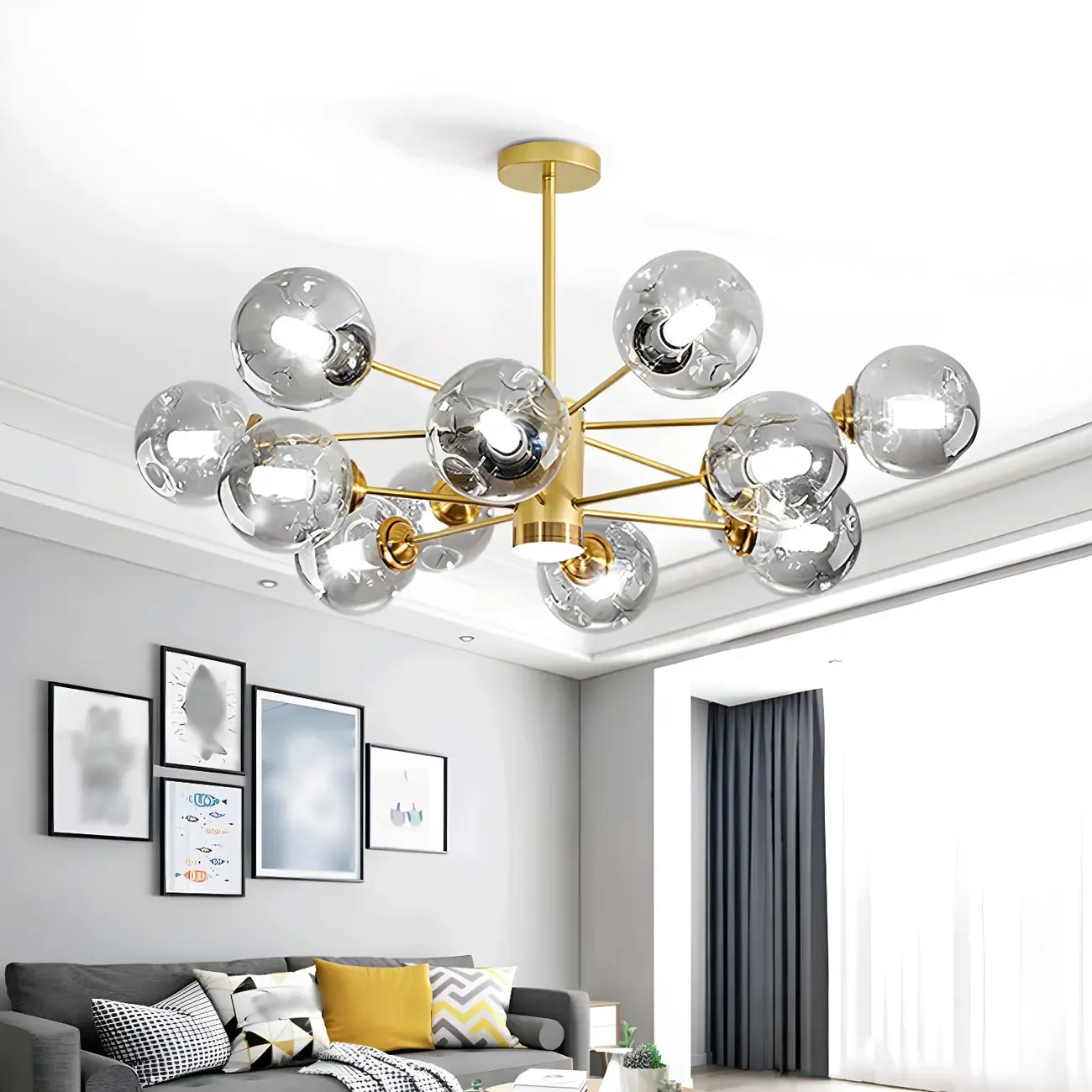 Modern Gray Glass Sphere Sputnik Chandelier Dimmable LED Image - 7