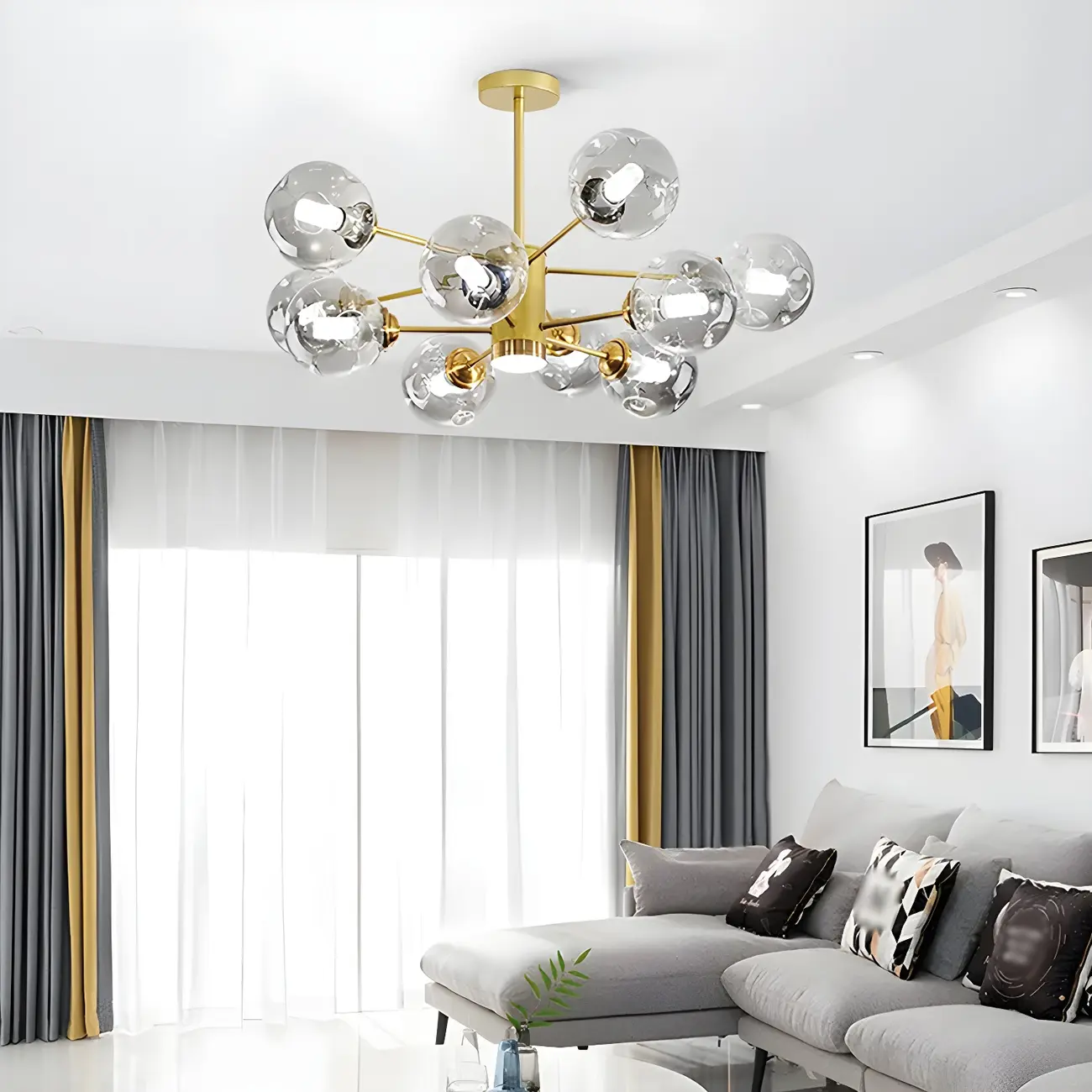 Modern Gray Glass Sphere Sputnik Chandelier Dimmable LED Image - 6 | homeyfad