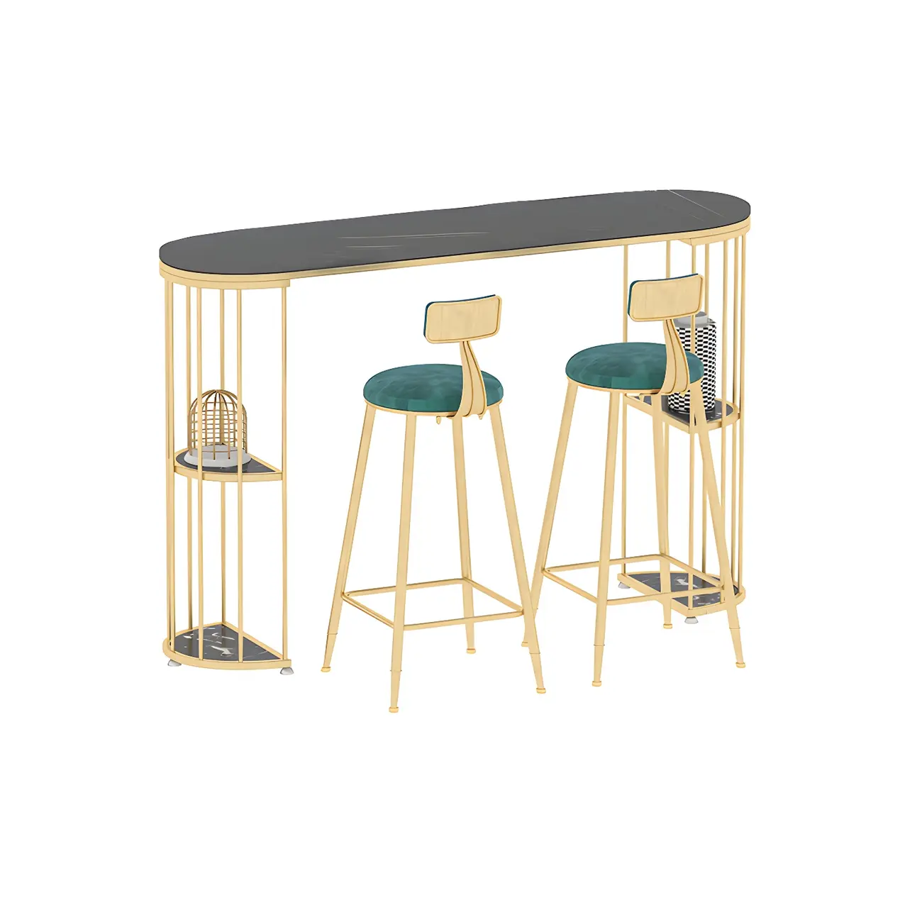 Modern Black Gold Stone Metal Storage Oblong Bar Tables Image - 2 | homeyfad