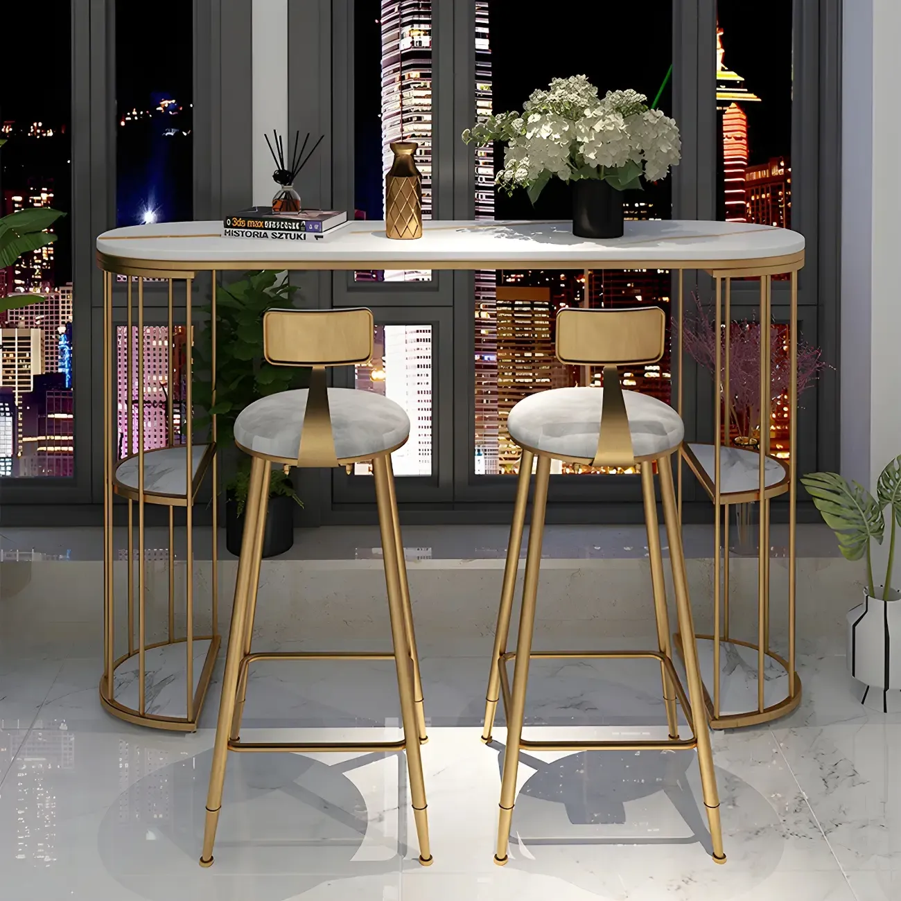 Modern Black Gold Stone Metal Storage Oblong Bar Tables Image - 11