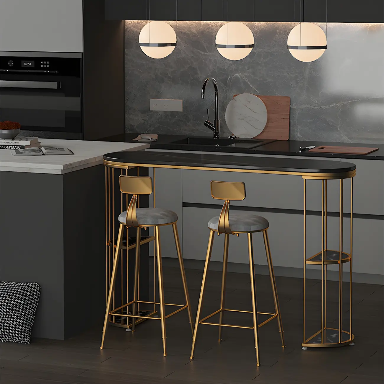 Modern Black Gold Stone Metal Storage Oblong Bar Tables Image - 12 | homeyfad