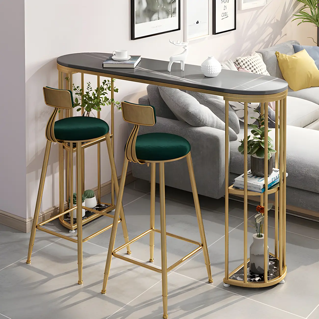 Modern Black Gold Stone Metal Storage Oblong Bar Tables Image - 13 | homeyfad