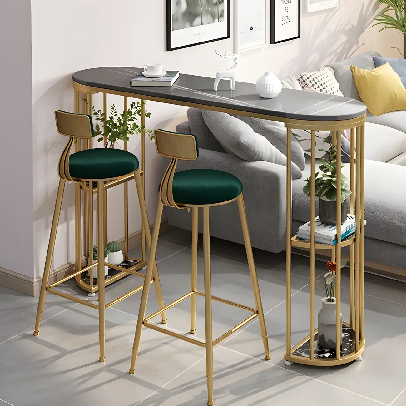 Modern Black Gold Stone Metal Storage Oblong Bar Tables Image - 13