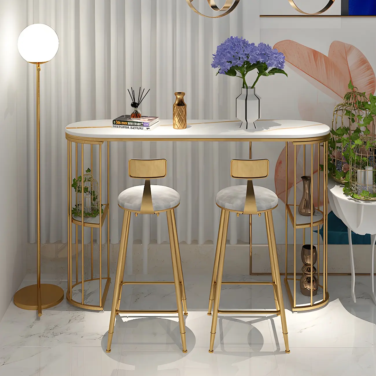 Modern Black Gold Stone Metal Storage Oblong Bar Tables Image - 17 | homeyfad