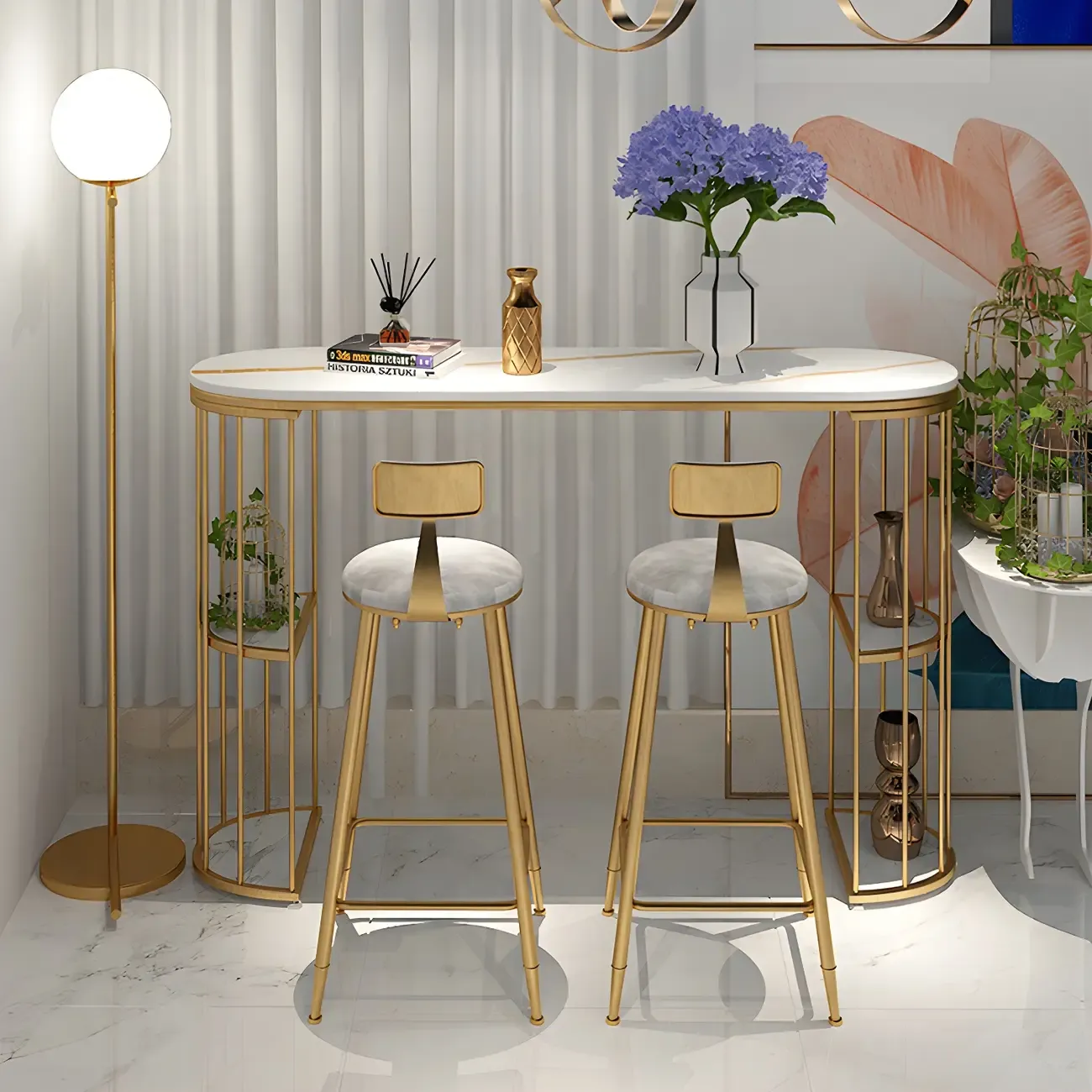 Modern Black Gold Stone Metal Storage Oblong Bar Tables Image - 17