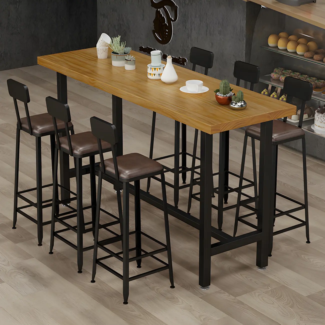 Rectangular Iron Frame Trestle Wood Bar Table with Footrest Image - 1 | homeyfad
