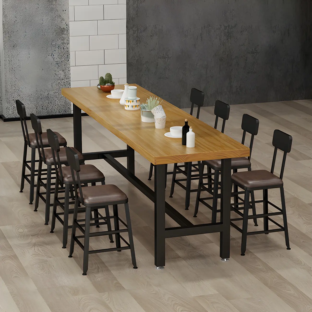 Rectangular Iron Frame Trestle Wood Bar Table with Footrest Image - 2 | homeyfad