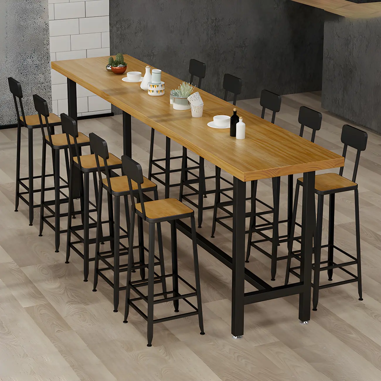 Rectangular Iron Frame Trestle Wood Bar Table with Footrest Image - 4 | homeyfad