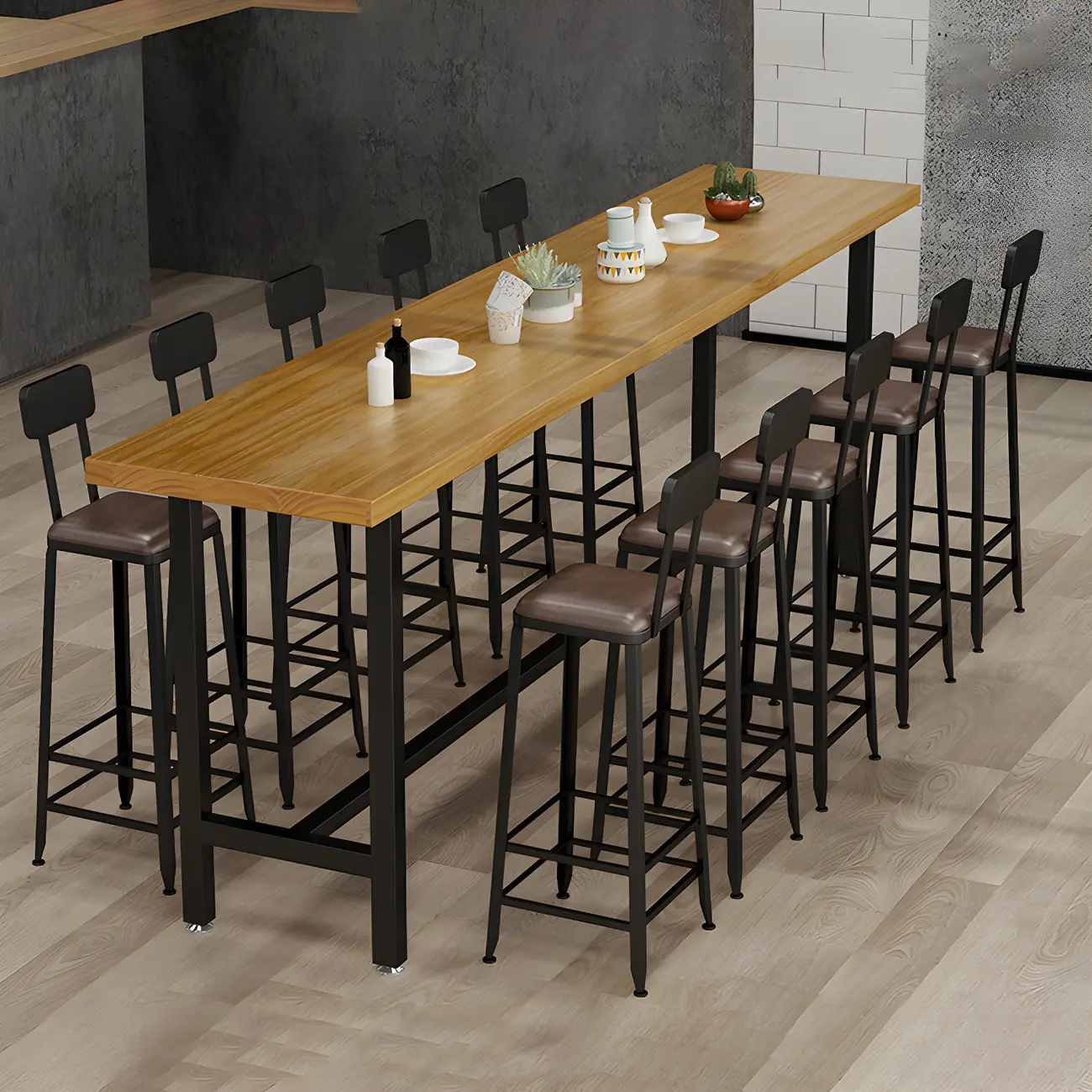 Rectangular Iron Frame Trestle Wood Bar Table with Footrest Image - 6 | homeyfad