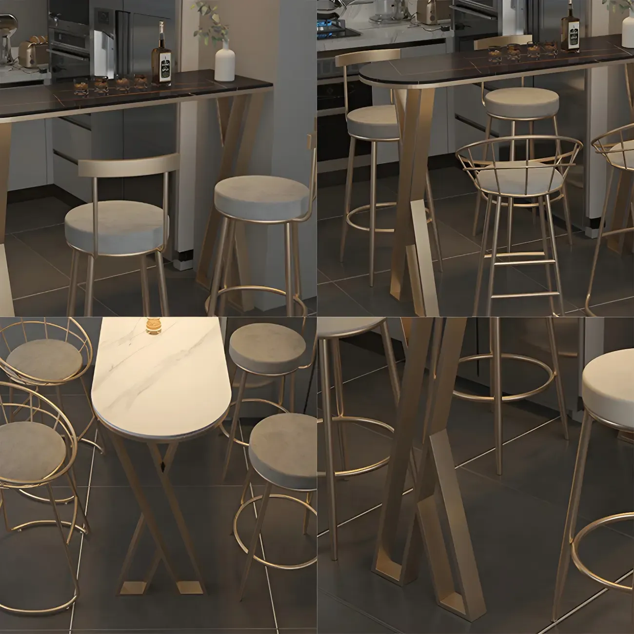 Glam White Stone Gold Iron Free Form Bar Tables for Kitchen Image - 8