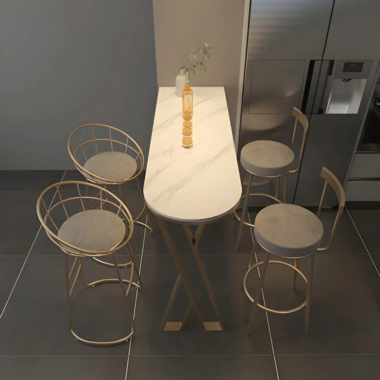 Glam White Stone Gold Iron Free Form Bar Tables for Kitchen Image - 9