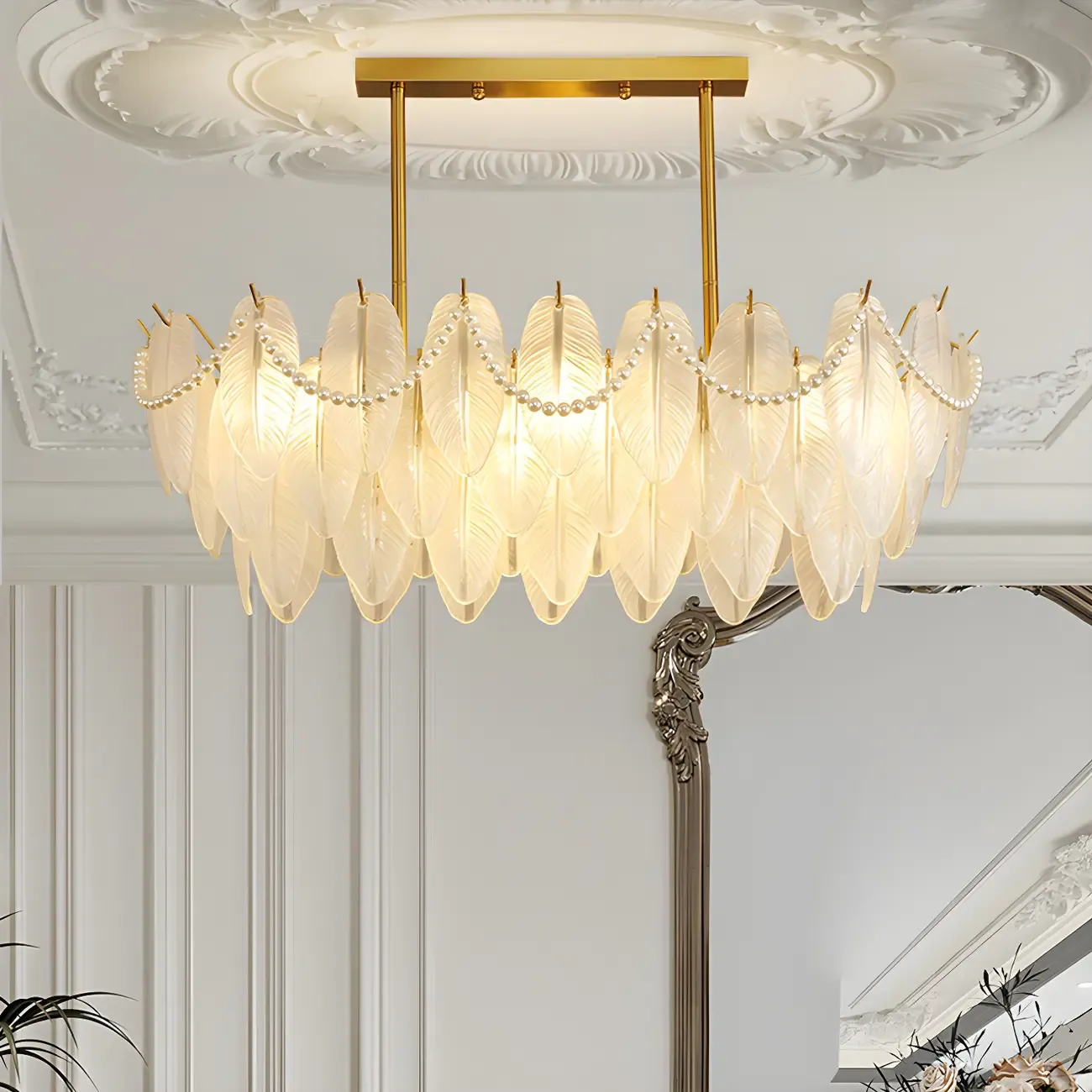 Adjustable Modern Glass Feather Island Chandelier in Gold  Image - 2