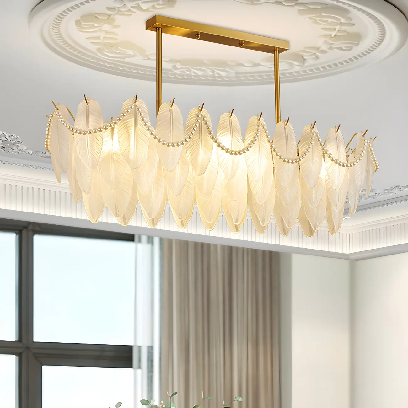 Adjustable Modern Glass Feather Island Chandelier in Gold  Image - 7 | homeyfad