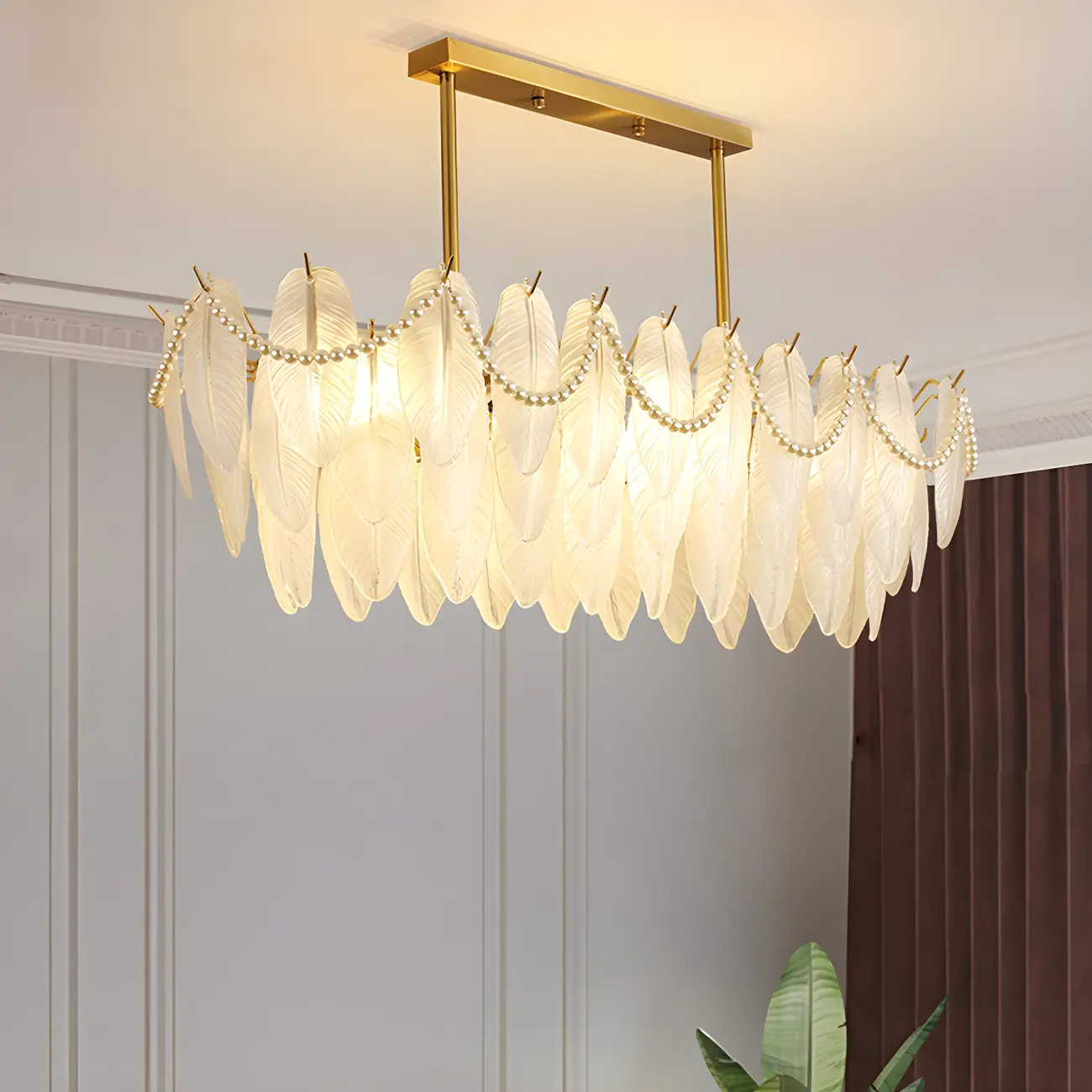 Adjustable Modern Glass Feather Island Chandelier in Gold  Image - 8 | homeyfad