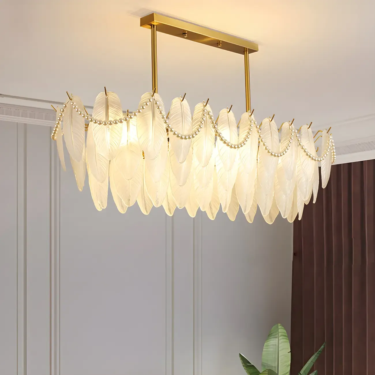 Adjustable Modern Glass Feather Island Chandelier in Gold  Image - 8