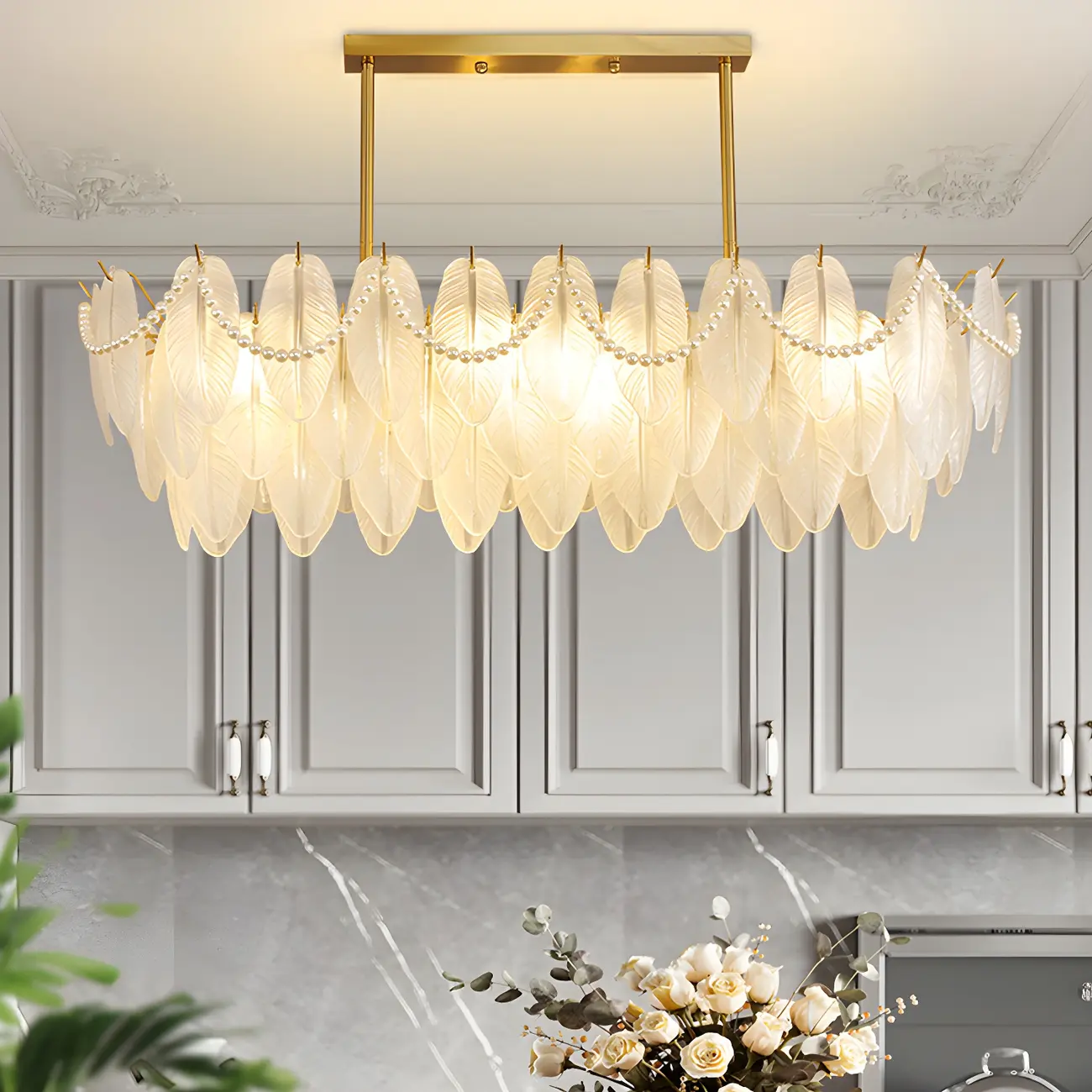 Adjustable Modern Glass Feather Island Chandelier in Gold  Image - 1 | homeyfad