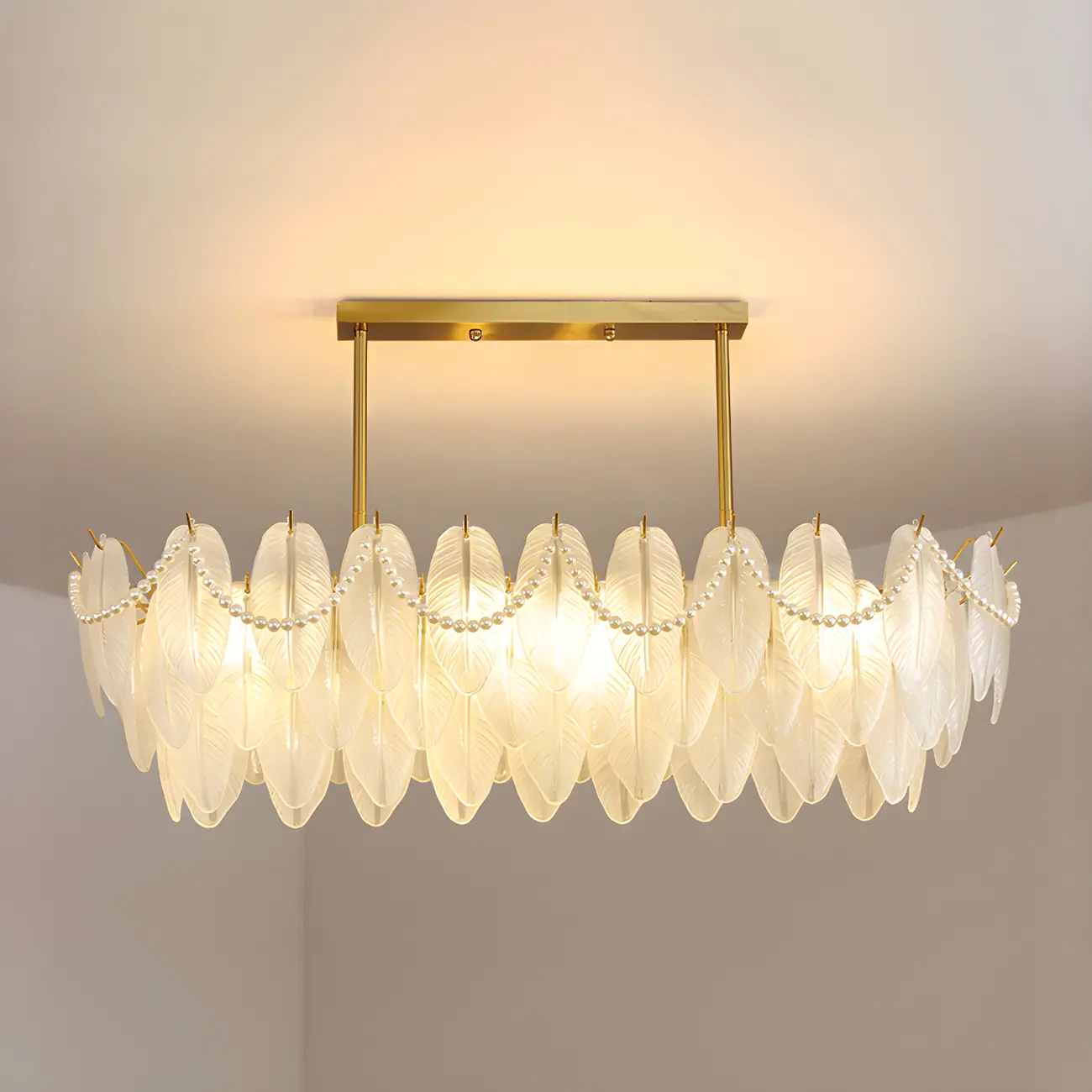 Adjustable Modern Glass Feather Island Chandelier in Gold  Image - 4 | homeyfad