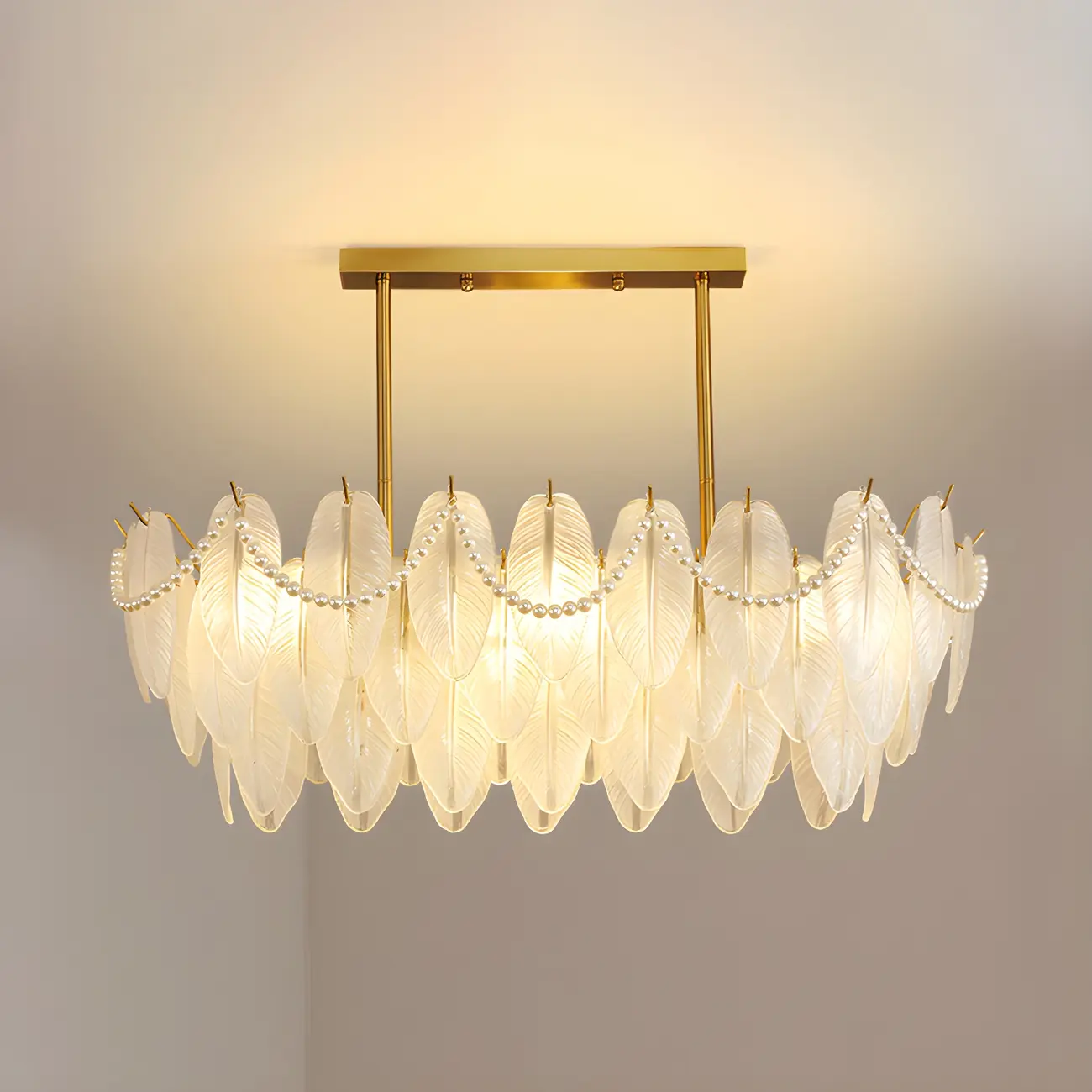 Adjustable Modern Glass Feather Island Chandelier in Gold  Image - 3 | homeyfad