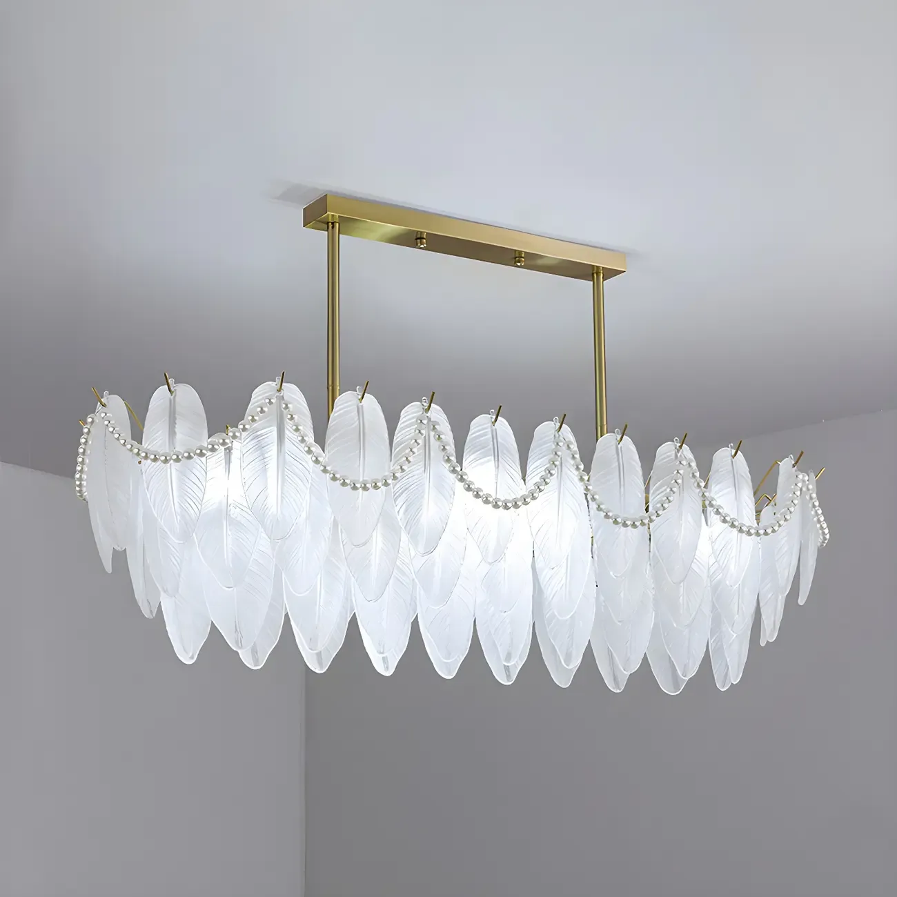 Adjustable Modern Glass Feather Island Chandelier in Gold  Image - 9