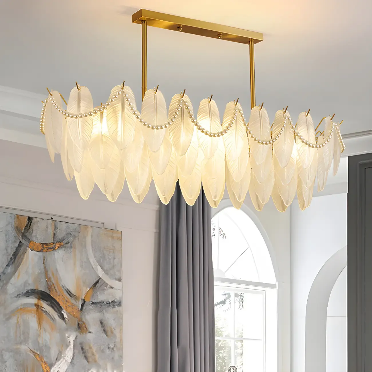Adjustable Modern Glass Feather Island Chandelier in Gold  Image - 12