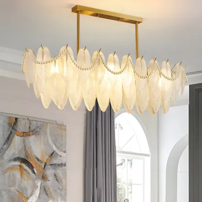 Adjustable Modern Glass Feather Island Chandelier in Gold  Image - 12