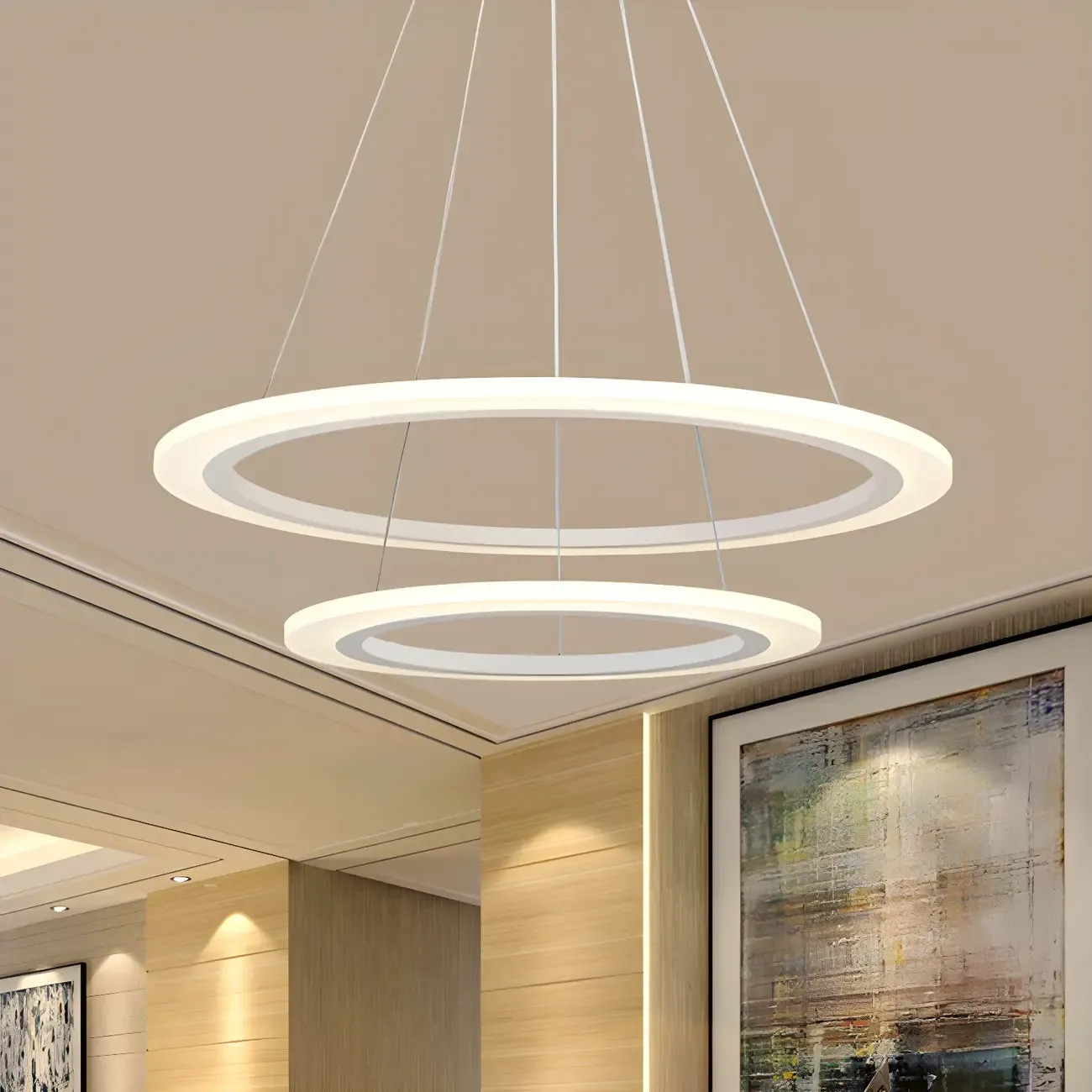 White Circular Modern Metal LED Pendant Chandelier Image - 1