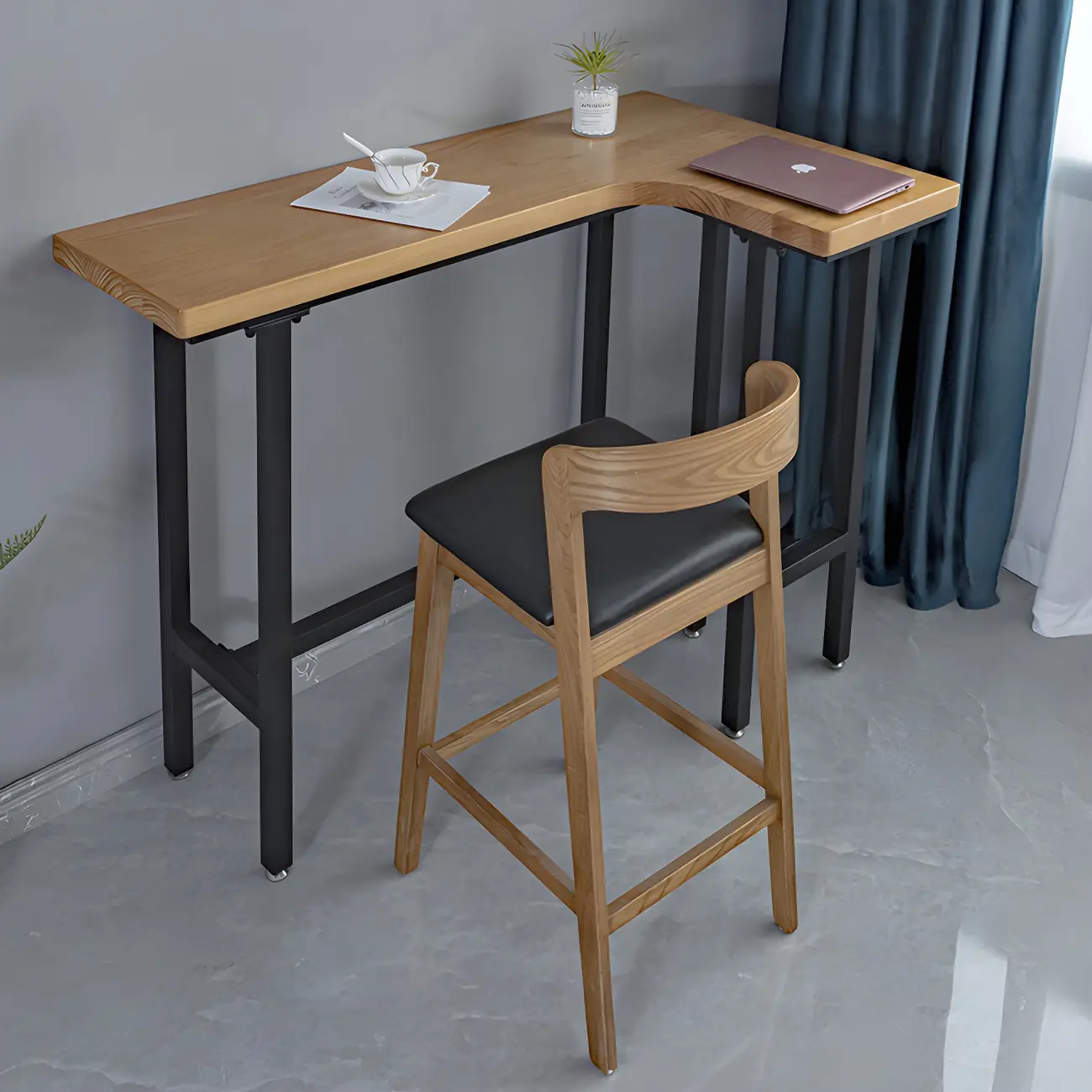 Industrial Natural Wooden Iron Trestle L-Shape Bar Tables Image - 2 | homeyfad