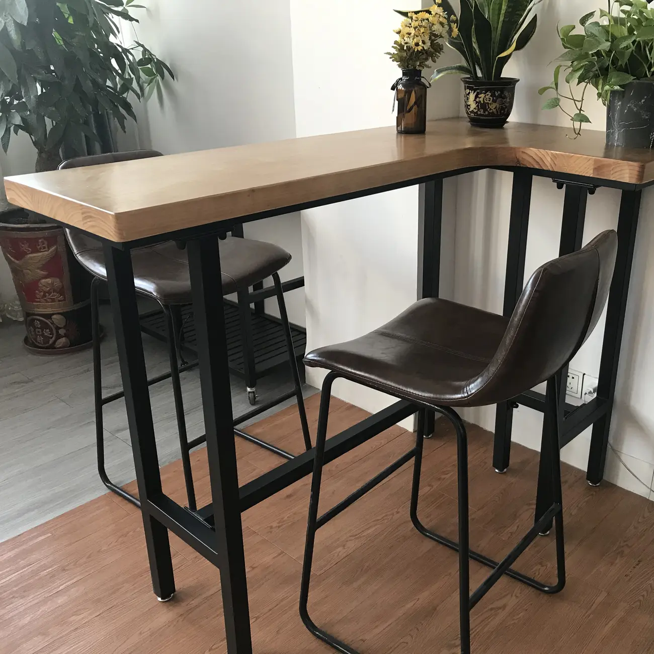 Industrial Natural Wooden Iron Trestle L-Shape Bar Tables Image - 3 | homeyfad