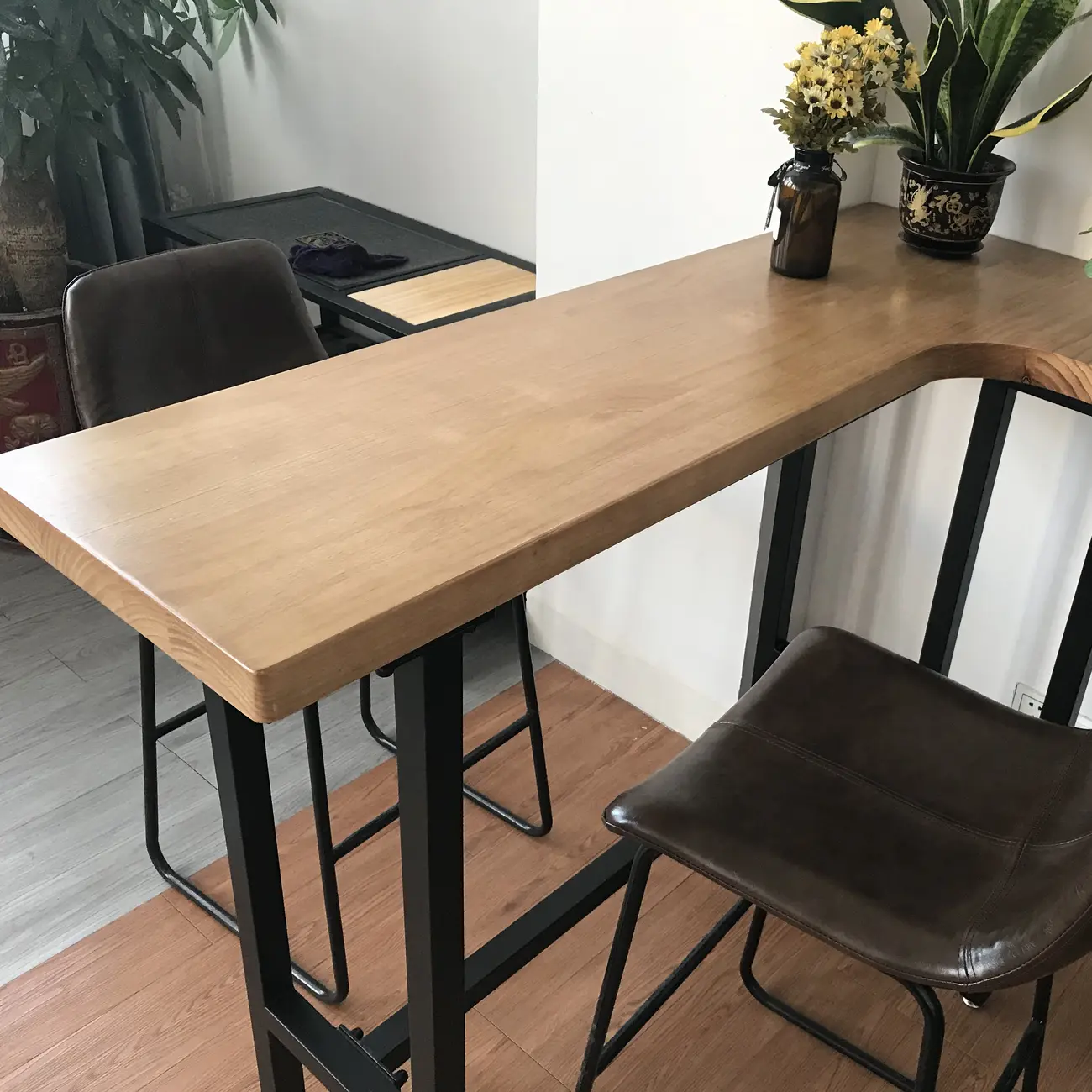 Industrial Natural Wooden Iron Trestle L-Shape Bar Tables Image - 6 | homeyfad