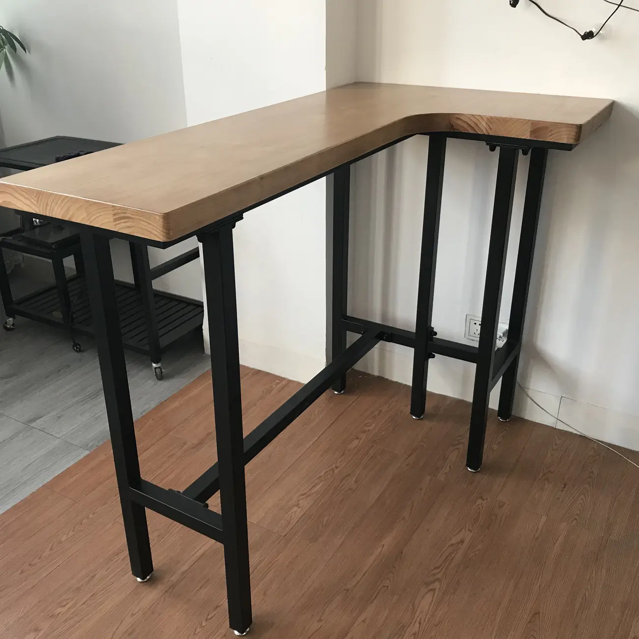 Industrial Natural Wooden Iron Trestle L-Shape Bar Tables Image - 8 | homeyfad