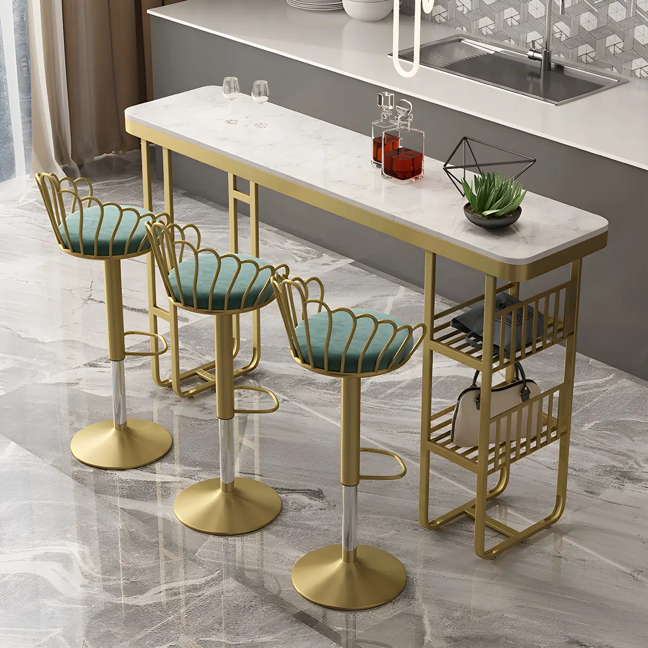 Glam Gold White Faux Marble Shelf Bar Tables Image - 1 | homeyfad