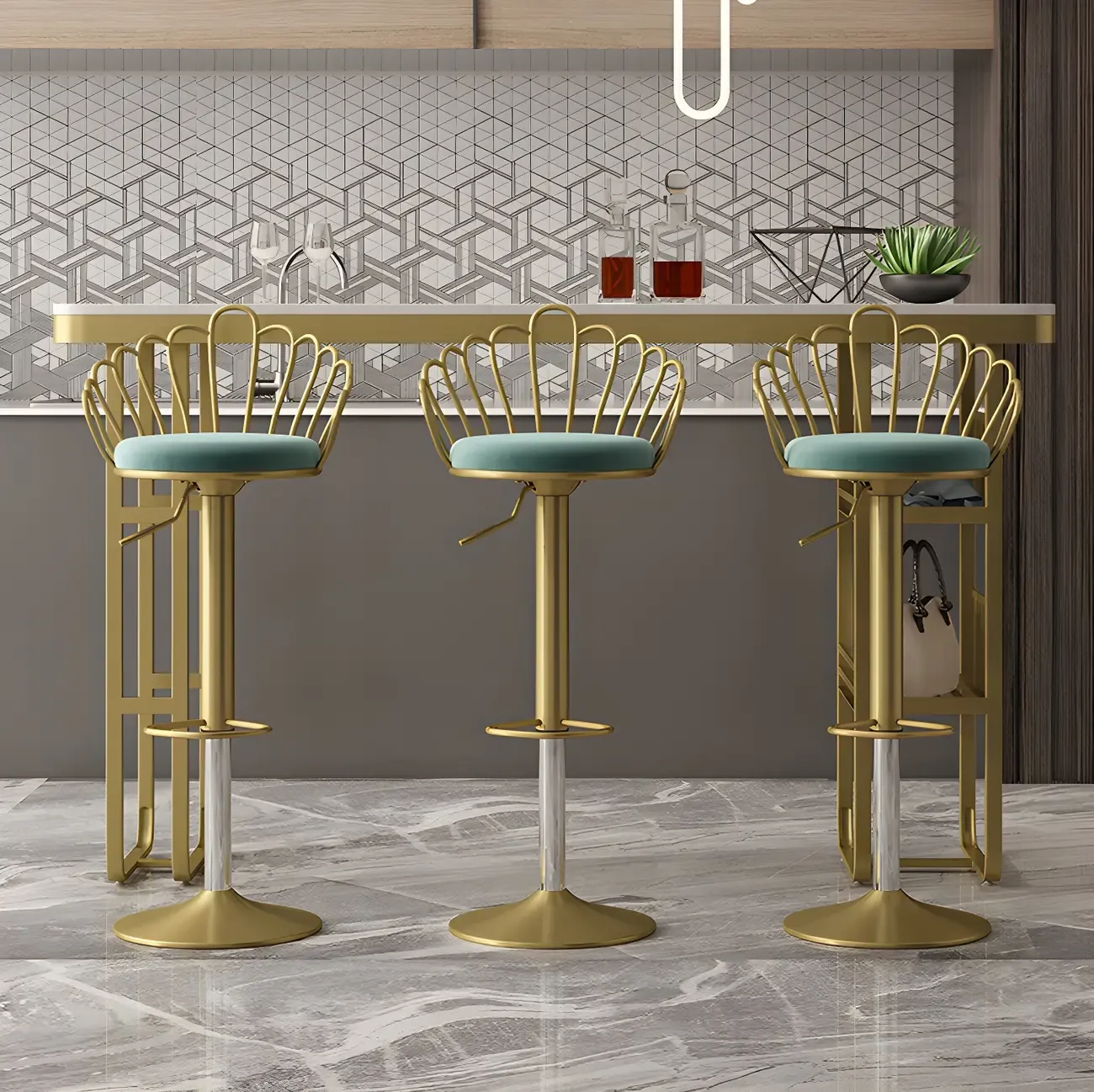 Glam Gold White Faux Marble Shelf Bar Tables Image - 3