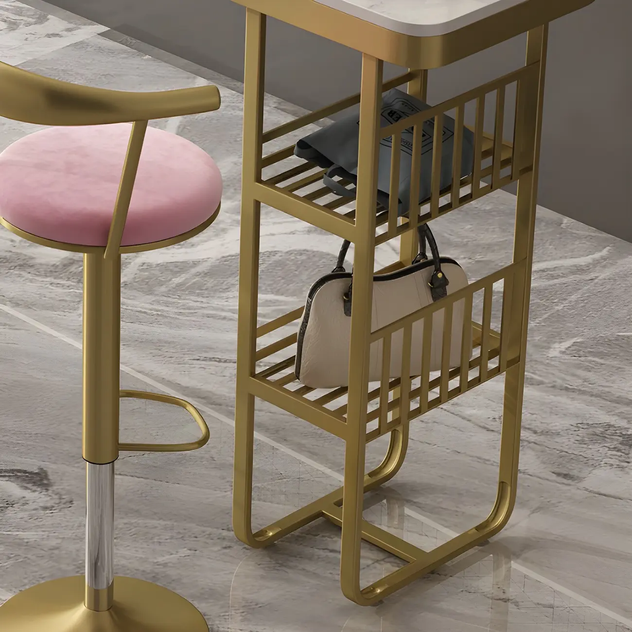 Glam Gold White Faux Marble Shelf Bar Tables Image - 4 | homeyfad