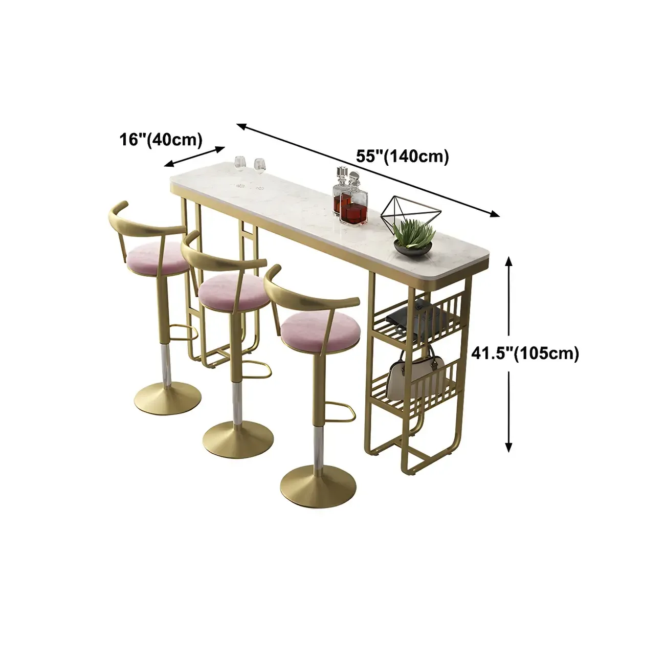 Glam Gold White Faux Marble Shelf Bar Tables Image - 9