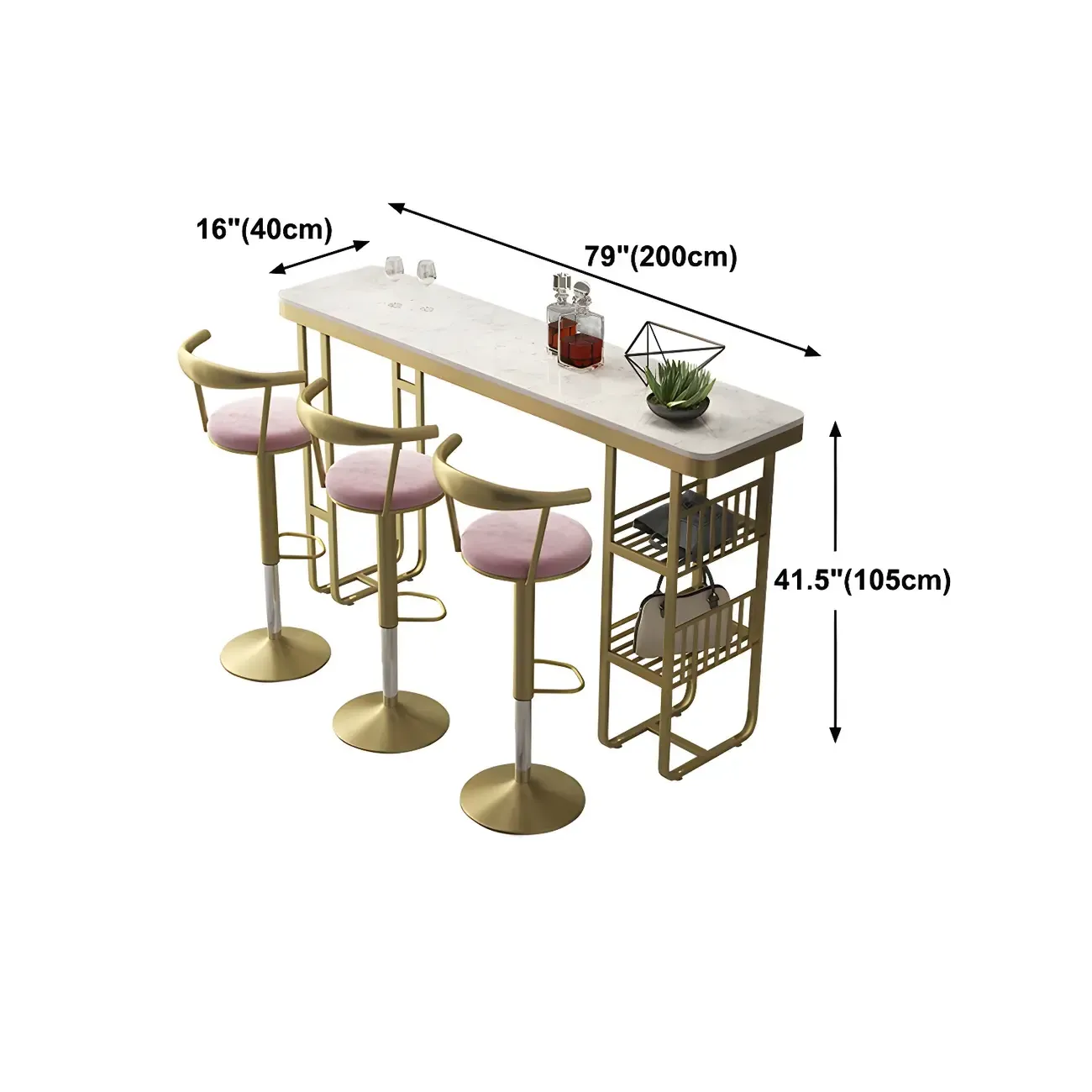 Glam Gold White Faux Marble Shelf Bar Tables Image - 12