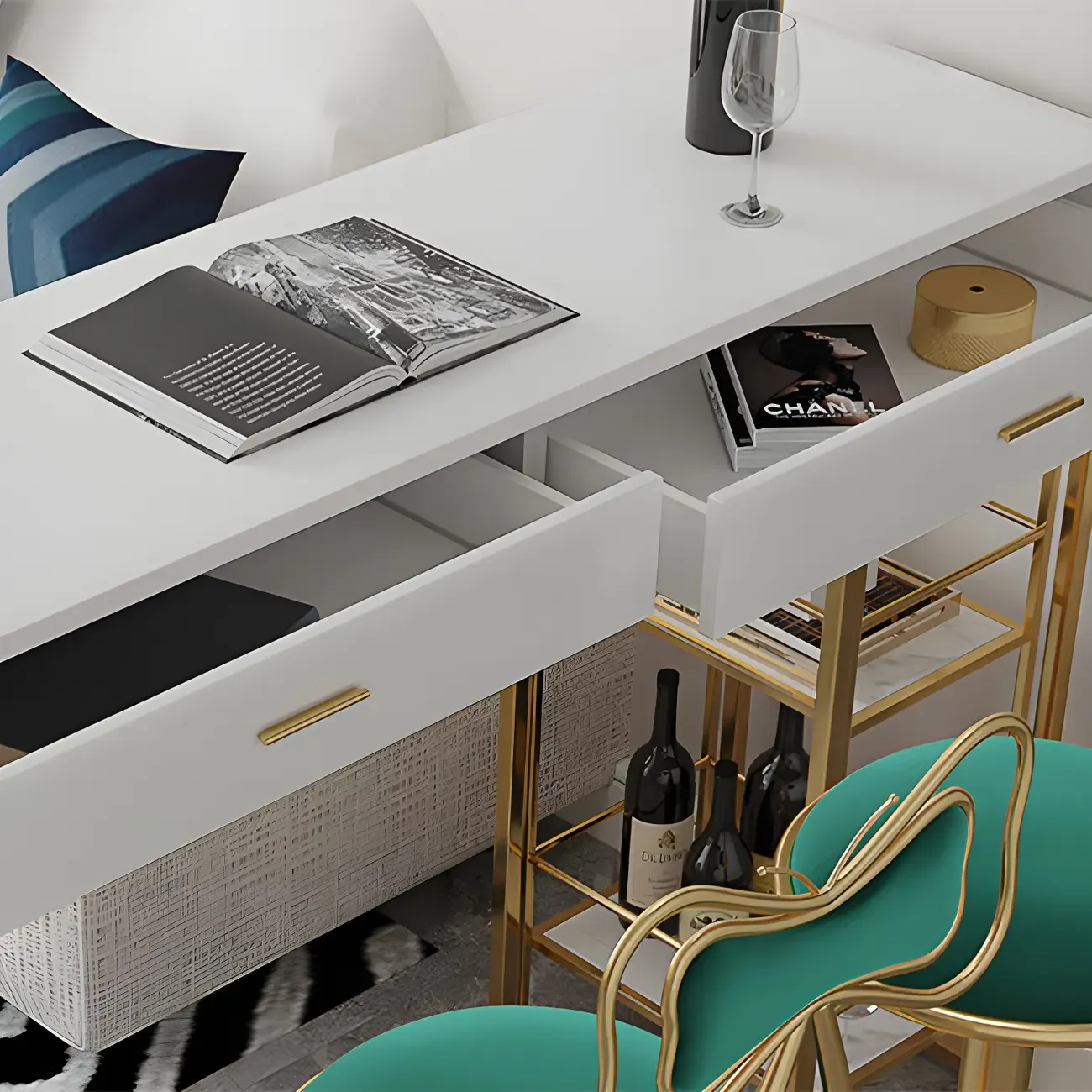 Glam White Free Form Gold Iron Storage Bar Tables Image - 7