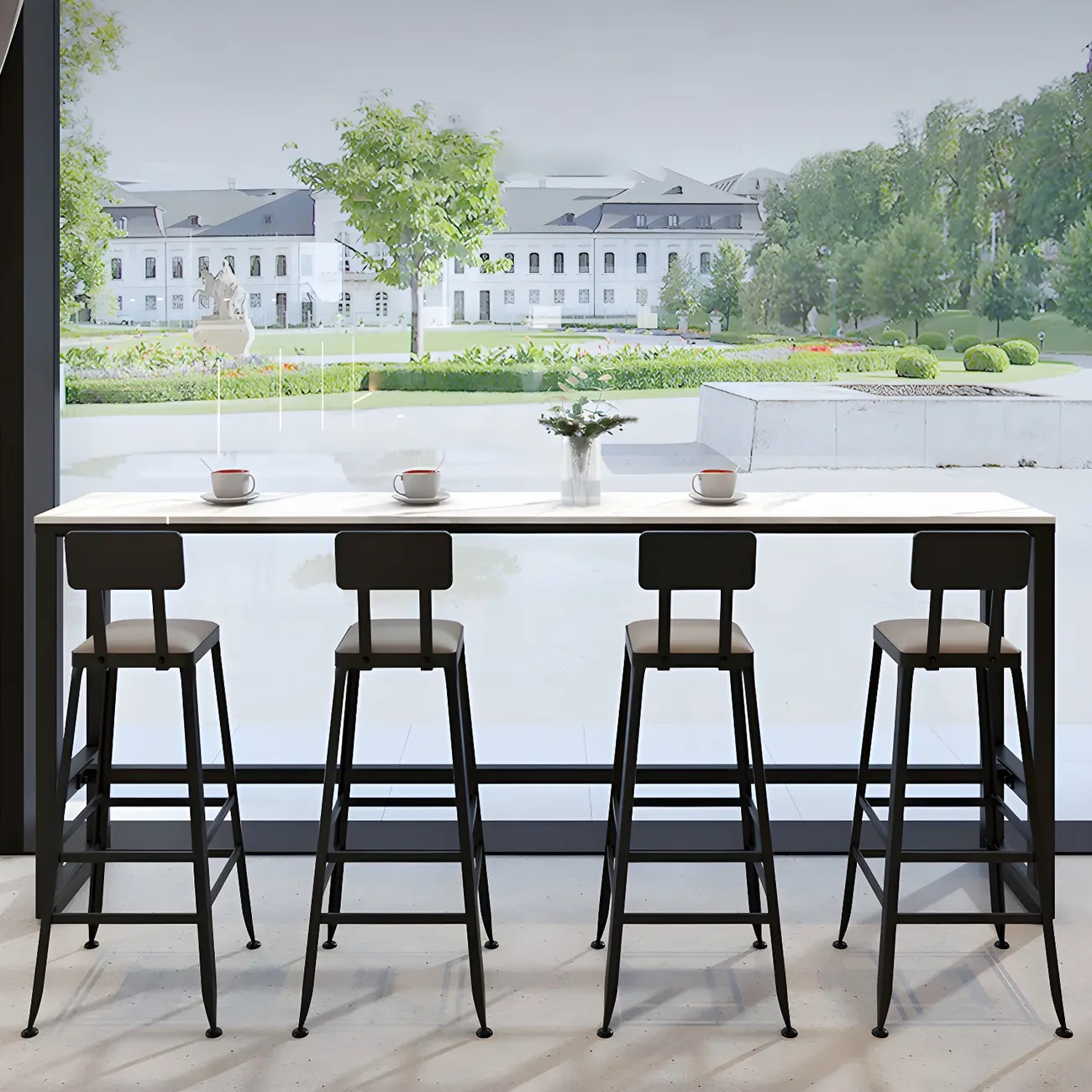 Rectangular White Marble Top Bar Tables with Iron Base Image - 2 | homeyfad