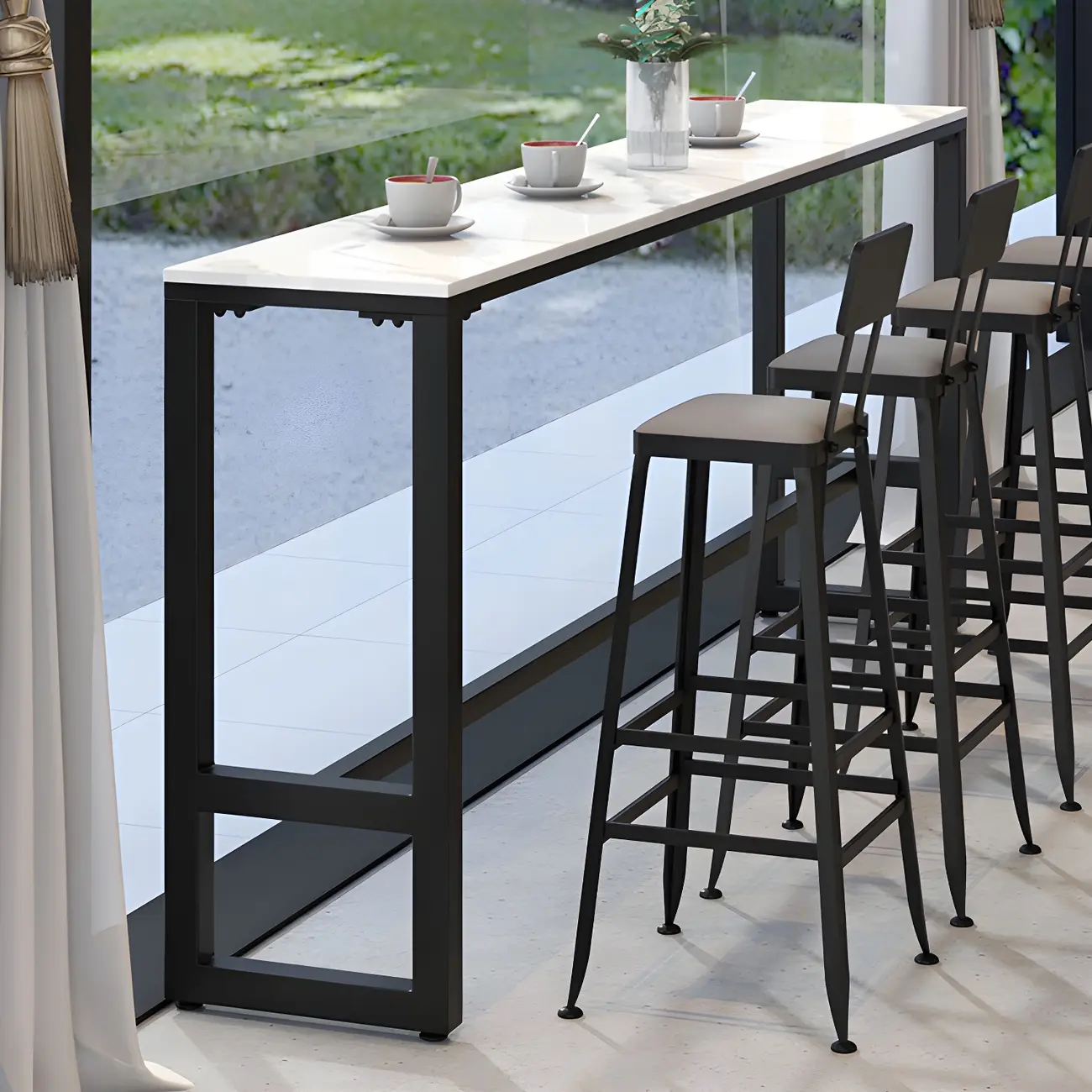 Rectangular White Marble Top Bar Tables with Iron Base Image - 4 | homeyfad